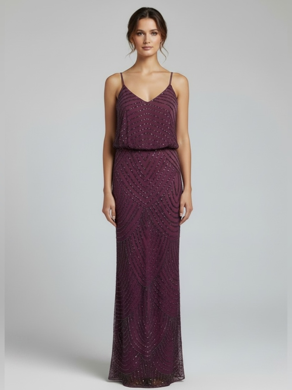 Adrianna Papell Beaded Maxi Dress Purple Plum Formal Evening Gown Size 6